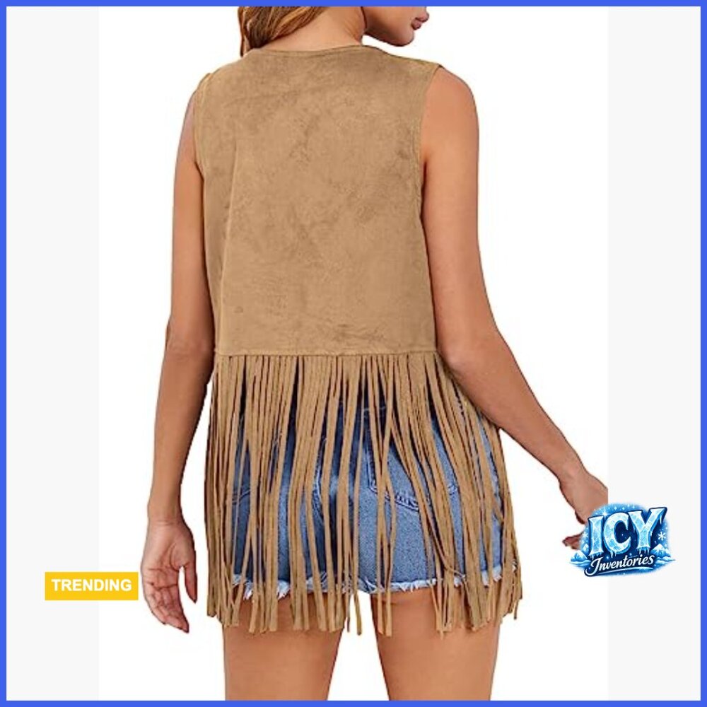 Faux Suede Fringe Vest Western Cowgirl Outerwear Sleeveless - Picture 2 of 7